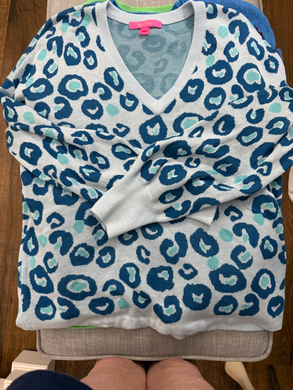 Lilly Pulitzer Blue and Teal Leopard Print V-Neck Sweater